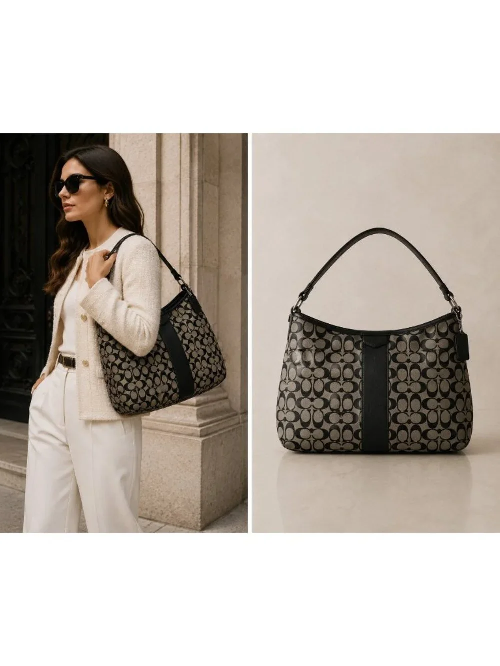 Coach F29941 Signature Stripe Hobo Shoulder Bag Black Khaki Jacquard Leather